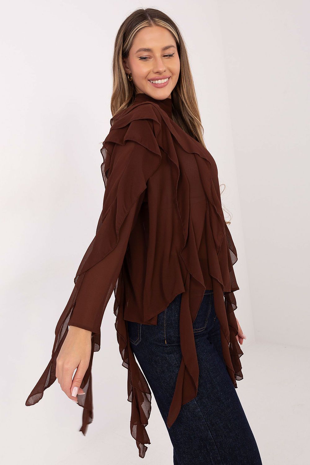 Elegant Women's Turtleneck Blouse from Factory Price, crafted from a soft viscose-polyester blend, showcasing ruffle detailing and a chic turtleneck design.