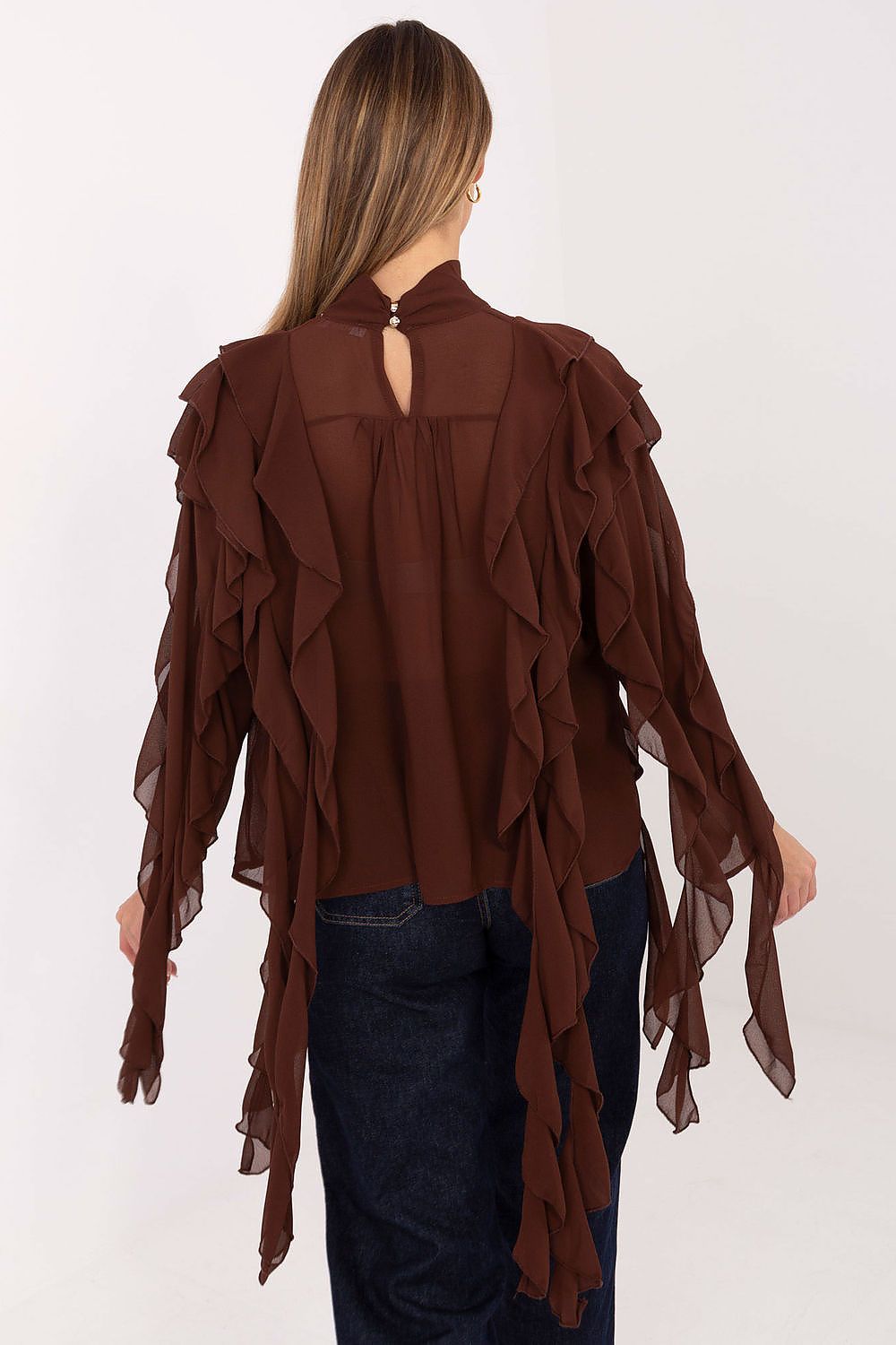 Close-up of the exquisite ruffles on the Elegant Women's Turtleneck Blouse by Factory Price, highlighting the luxurious texture and intricate design.