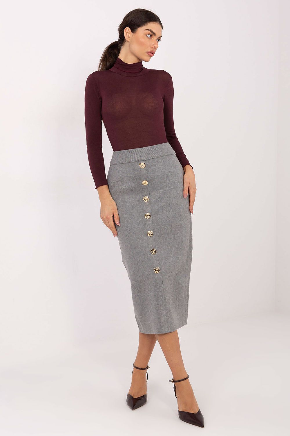 Elegant midi knit skirt by Factory Price featuring decorative buttons, crafted from high-quality viscose-polyester blend for a luxurious silhouette.