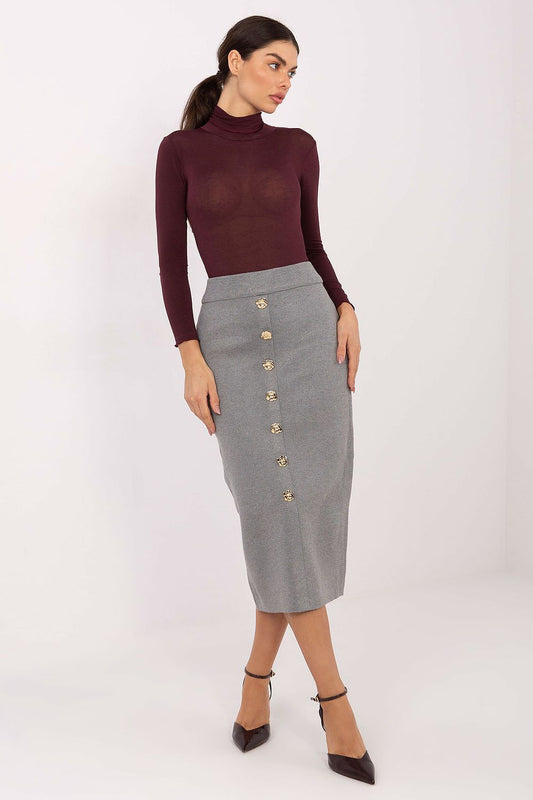 Elegant midi knit skirt by Factory Price featuring decorative buttons, crafted from high-quality viscose-polyester blend for a luxurious silhouette.