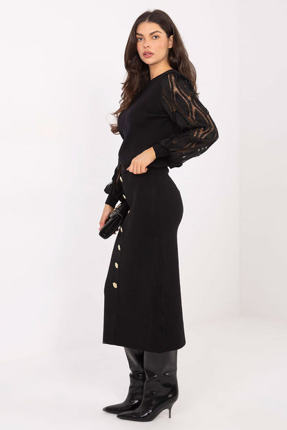 Factory Price midi skirt in a luxurious blend of viscose and polyester, featuring refined decorative buttons to enhance its minimalist yet elegant design.