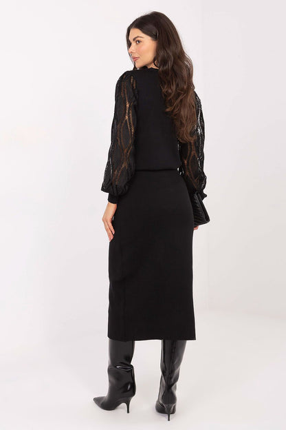 Elegant midi knit skirt with decorative buttons by Factory Price, showcasing a smooth pattern and perfect fit for luxurious comfort.