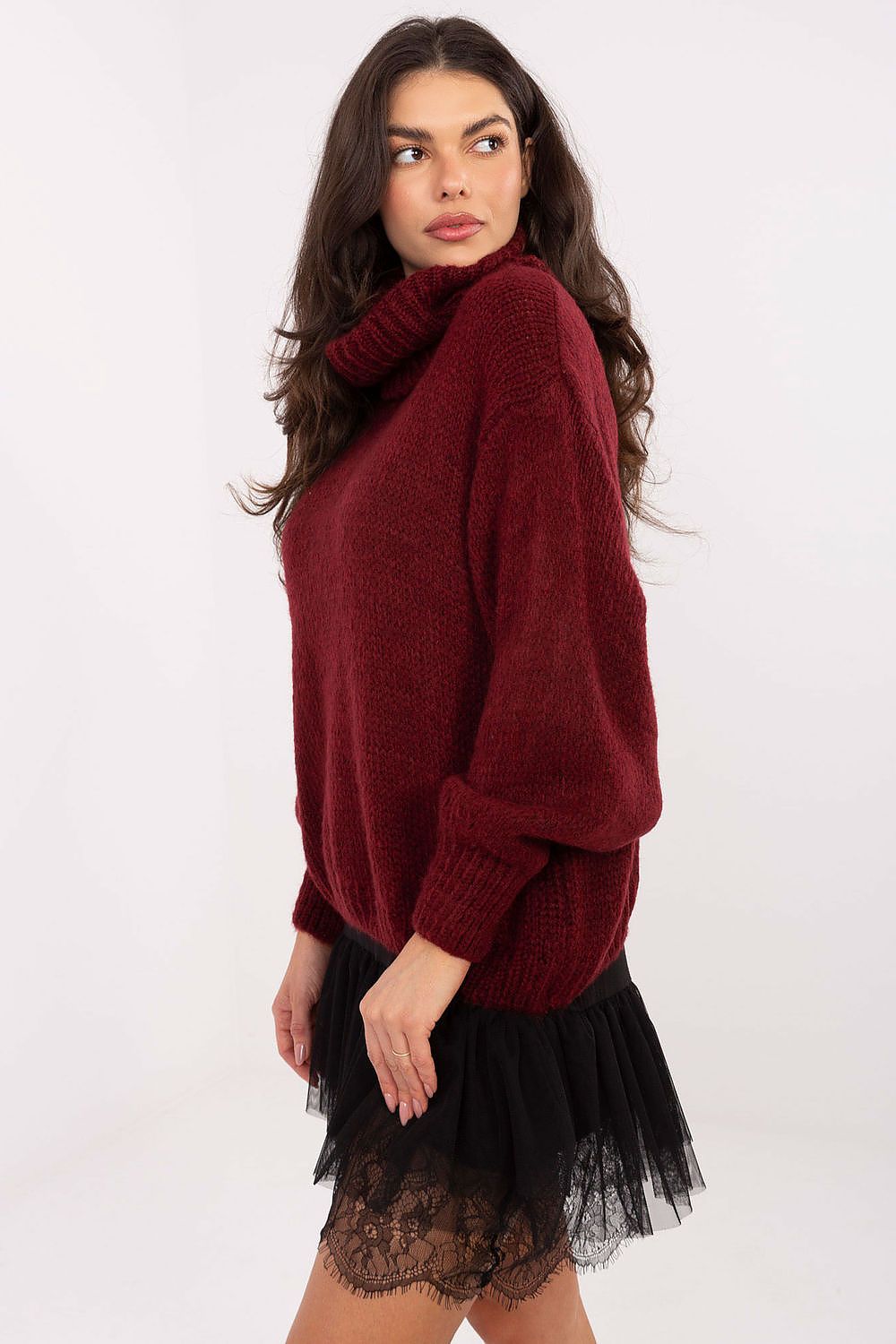 Fashionable women's turtleneck sweater by Factory Price, crafted from an acrylic-mohair blend, ideal for adding texture and warmth to any casual ensemble.
