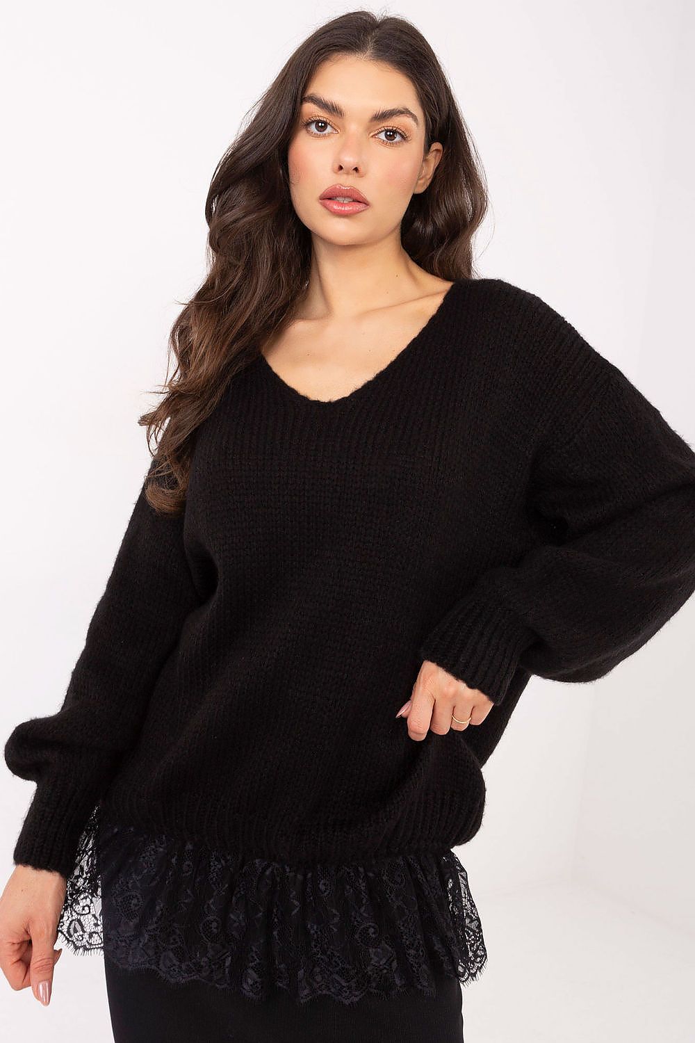 Elegant Women's V-Neck Sweater with Lace Detail from Factory Price, featuring a soft acrylic-mohair blend, perfect for refined everyday style. Ideal for layering and enhancing feminine elegance.