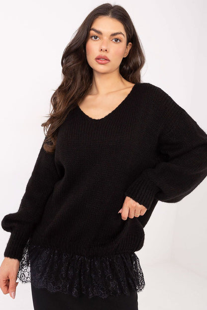 Elegant Women's V-Neck Sweater with Lace Detail from Factory Price, featuring a soft acrylic-mohair blend, perfect for refined everyday style. Ideal for layering and enhancing feminine elegance.