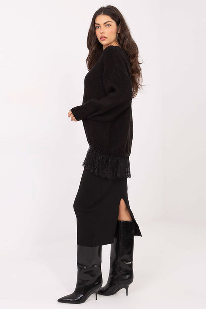 Elegant women's V-neck sweater in soft acrylic-mohair blend with lace detail, from Factory Price, ideal for sophisticated everyday wear.