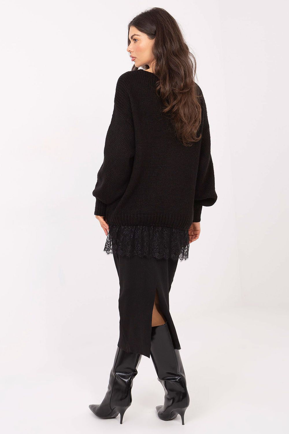 Luxurious puffed sleeve women's sweater featuring lace accents, crafted by Factory Price for refined and stylish looks.