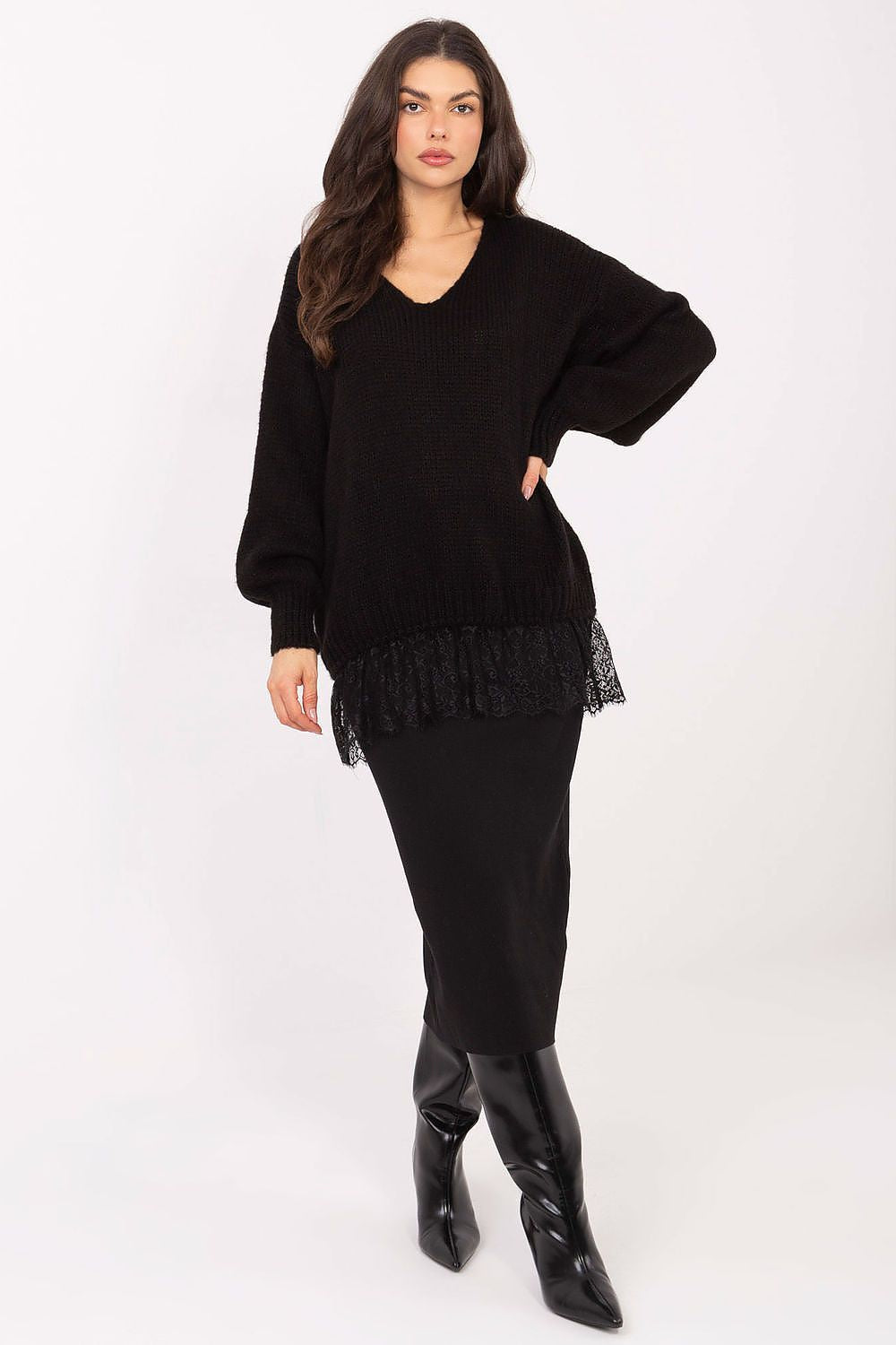 Soft and elegant V-neck sweater with intricate lace detailing at the hem, designed by Factory Price, perfect for formal occasions.