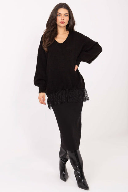 Soft and elegant V-neck sweater with intricate lace detailing at the hem, designed by Factory Price, perfect for formal occasions.