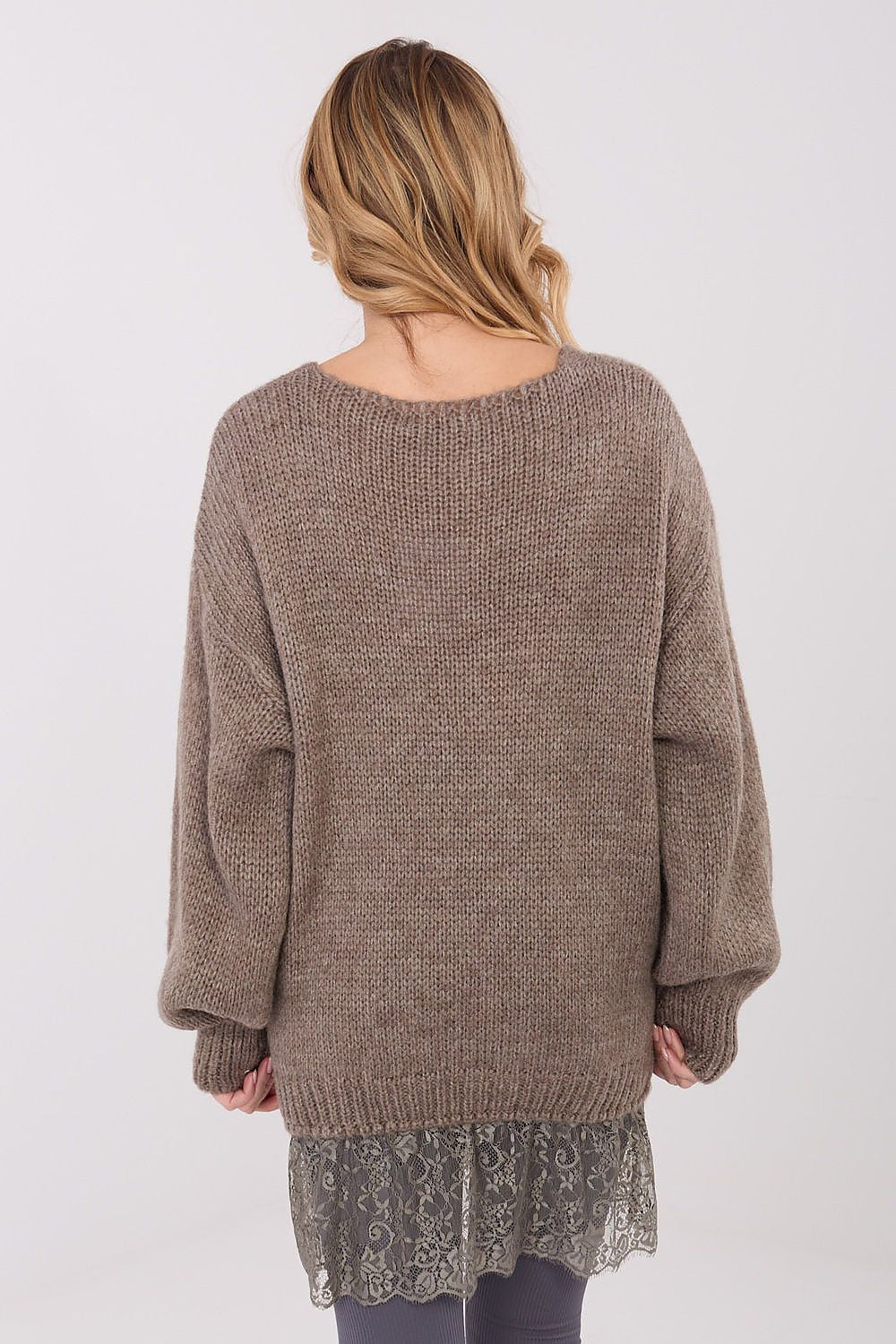 Elegant women's V-neck sweater with lace detail from Factory Price, made from soft acrylic-mohair blend, perfect for elegant occasions.