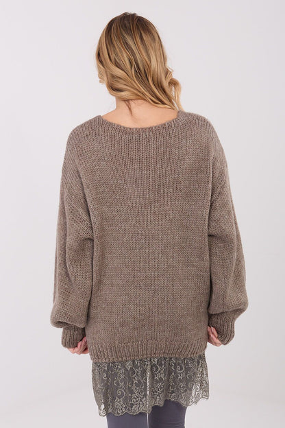 Elegant women's V-neck sweater with lace detail from Factory Price, made from soft acrylic-mohair blend, perfect for elegant occasions.
