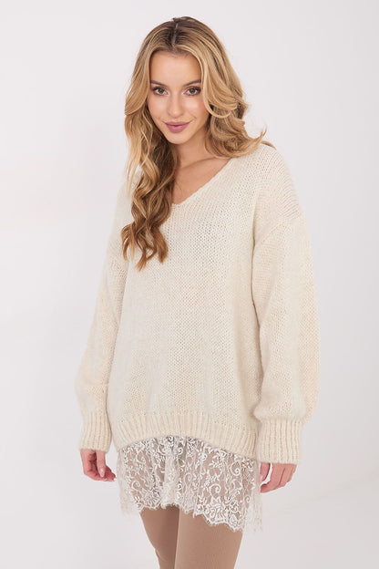 Elegant women's V-neck sweater with lace detail by Factory Price, crafted from a soft acrylic-mohair blend, showcasing refined style and comfort.