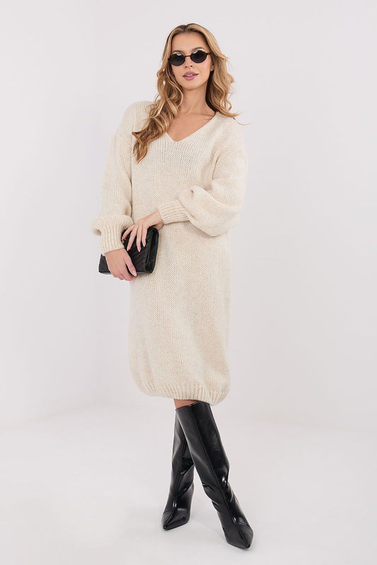 Elegant Oversized Knit Midi Sweater Dress with V-Neck by Factory Price, showcasing its soft knit fabric and chic silhouette for luxury everyday wear.