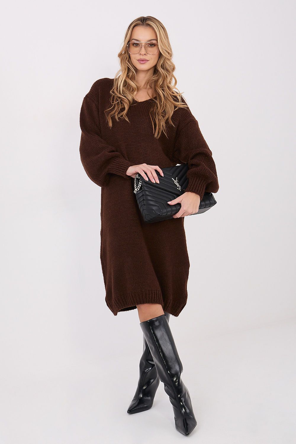 Elegant long-sleeved oversized sweater dress with v-neck, crafted from soft knitwear - available from Factory Price.