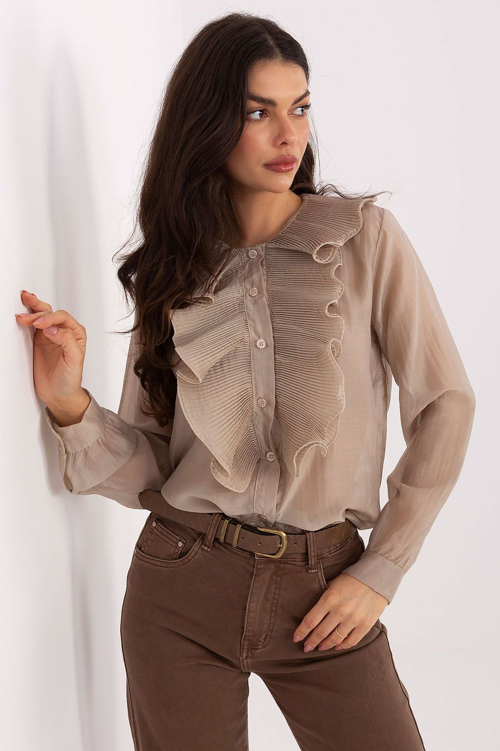 Elegantly designed long sleeve women's shirt by Factory Price in EU size 0, crafted from a luxurious blend of 85% Tencel and 15% polyester, showcasing timeless style with sophisticated jabot detailing and a refined round neckline.