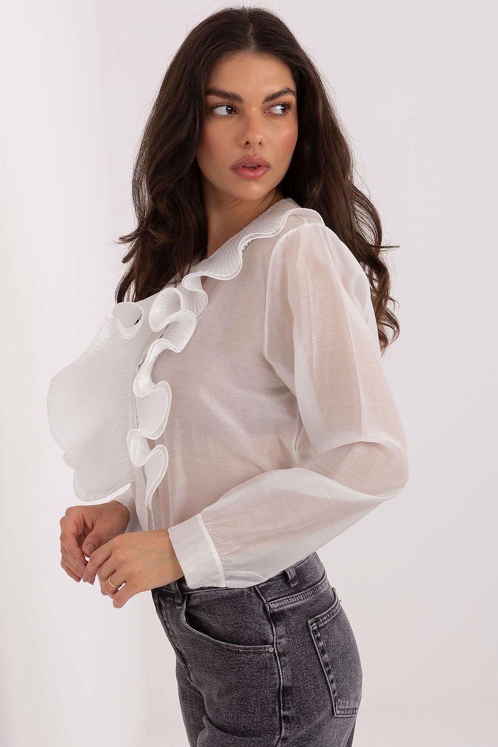 Stylish presentation of the women's long sleeve shirt by Factory Price, featuring classic cuffs and button fastening, perfect for achieving an elegant look.