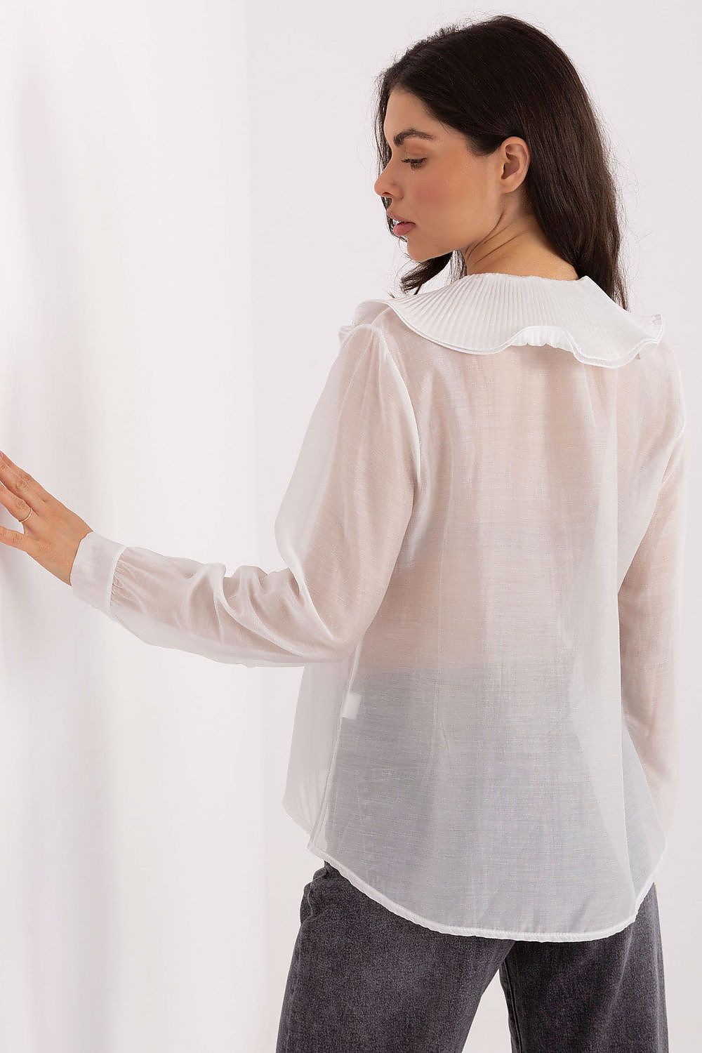 Back view of the elegant women's long sleeve shirt by Factory Price, emphasizing the smooth pattern and timeless design that combines comfort and sophistication.