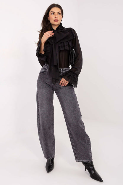 Elegant women's long sleeve shirt with stand-up collar and flounce sleeves from Factory Price, crafted in a luxurious Tencel-polyester blend for ultimate comfort and style.