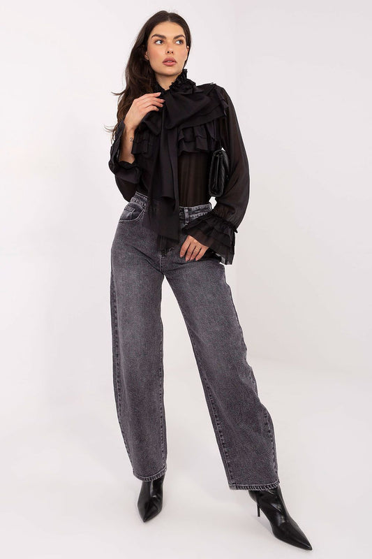 Elegant women's long sleeve shirt with stand-up collar and flounce sleeves from Factory Price, crafted in a luxurious Tencel-polyester blend for ultimate comfort and style.