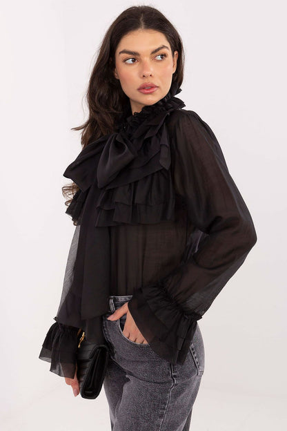 Close-up of the sophisticated jabot tie detail on the Factory Price women's shirt, showcasing its elegant design and refined craftsmanship.