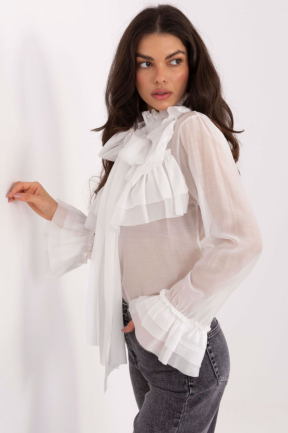 Elegant women's long sleeve shirt with stand-up collar and flounce sleeves, crafted from Tencel-polyester blend, by Factory Price.