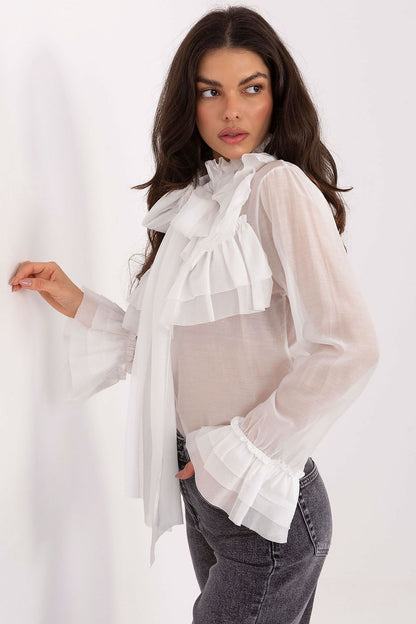 Elegant women's long sleeve shirt with stand-up collar and flounce sleeves, crafted from Tencel-polyester blend, by Factory Price.