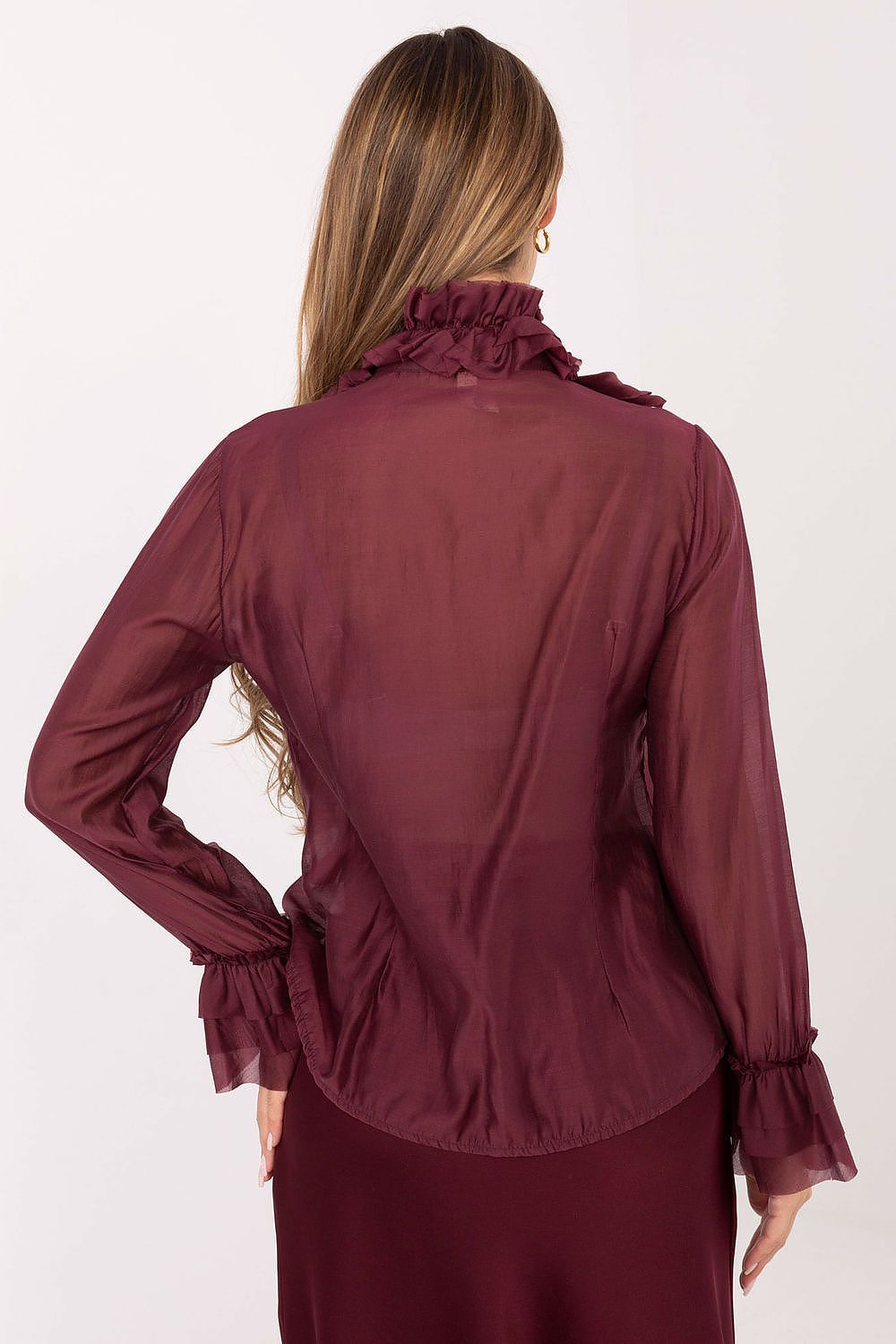 Front view of the classic long sleeve women's shirt with button closure and refined flounce sleeves from Factory Price.