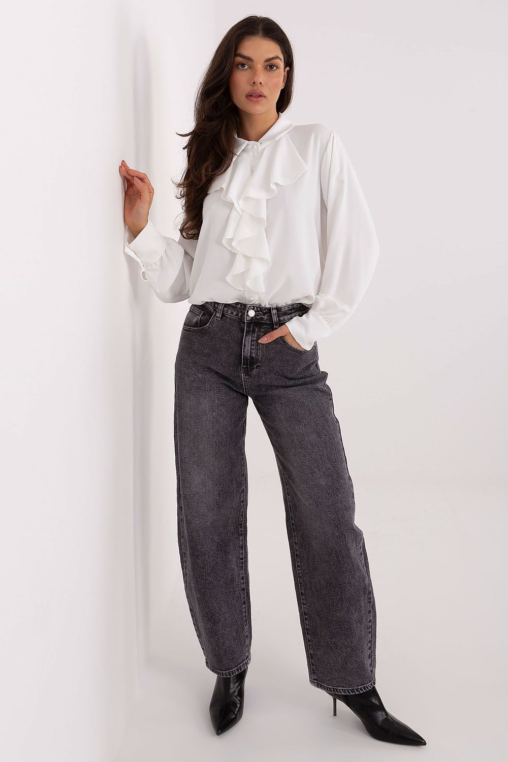 Elegant long sleeve women's shirt in EU size 0, crafted from classic polyester, featuring decorative jabot and puff sleeves, perfect for luxury casual or formal occasions by Factory Price.