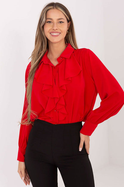 Factory Price women's shirt with long sleeves, made of classic polyester, adorned with a decorative jabot, perfect for formal occasions.