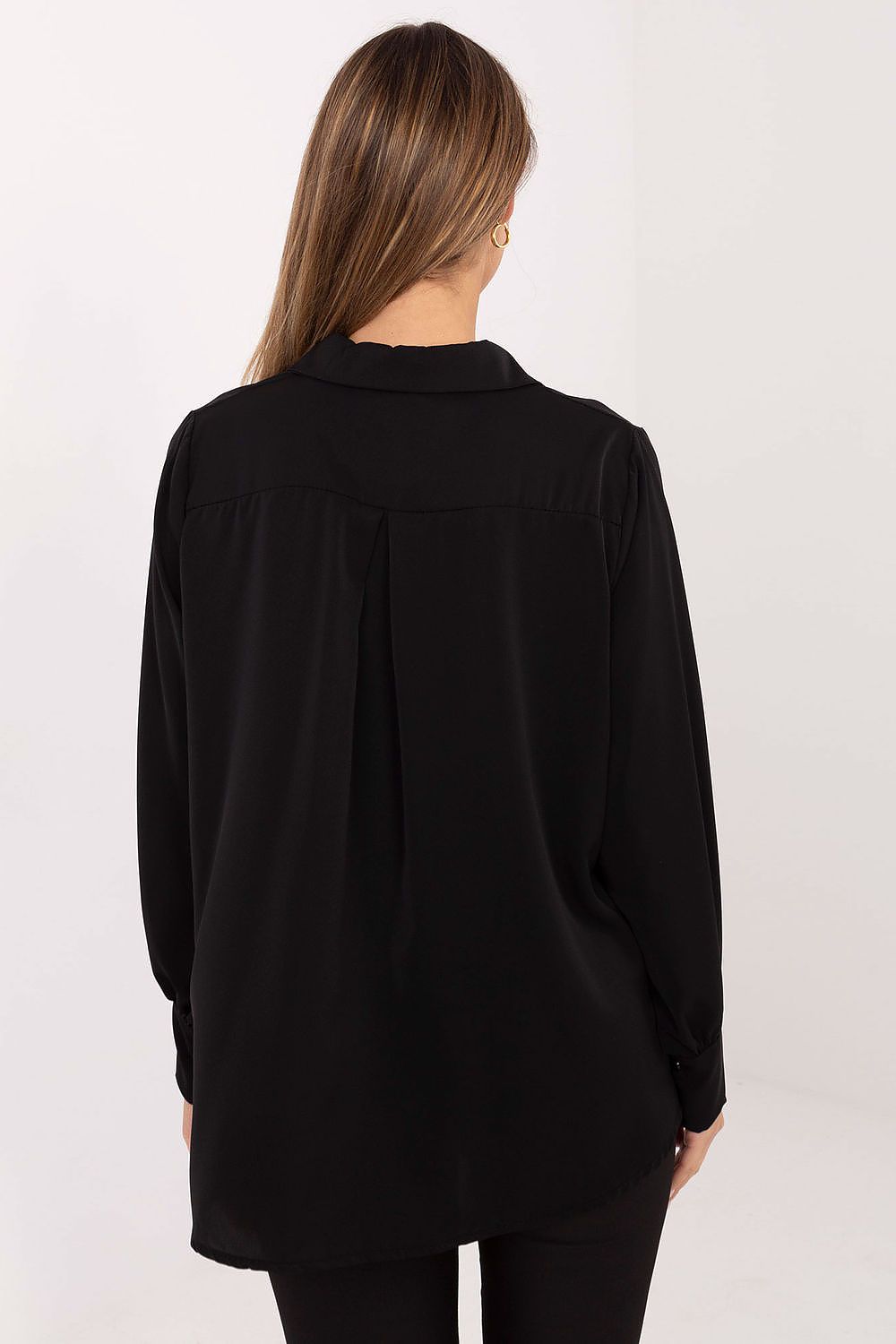 Full view of an elegant women's shirt from Factory Price, showcasing the sophisticated design elements including puff sleeves and classic collar.