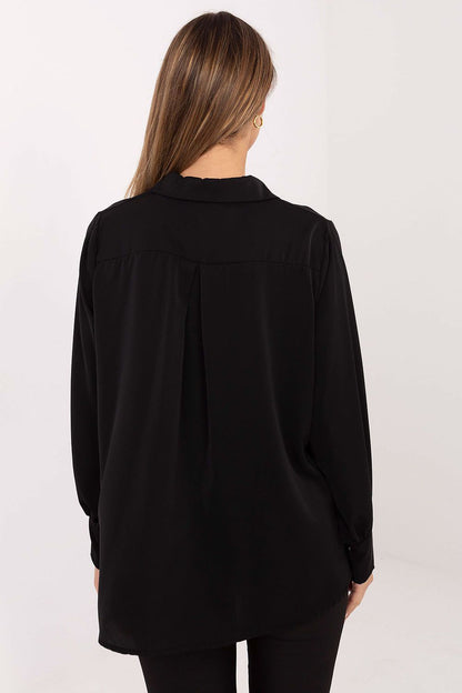 Full view of an elegant women's shirt from Factory Price, showcasing the sophisticated design elements including puff sleeves and classic collar.