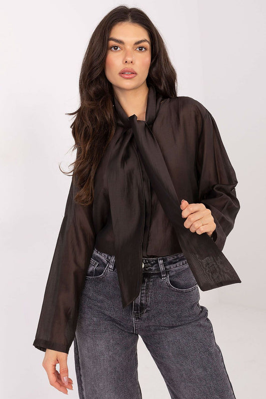 Elegant women's long sleeve shirt in EU size 0, crafted from a soft Tencel-polyester blend with a tie neckline, offered by Factory Price. Perfect for both formal and casual occasions.