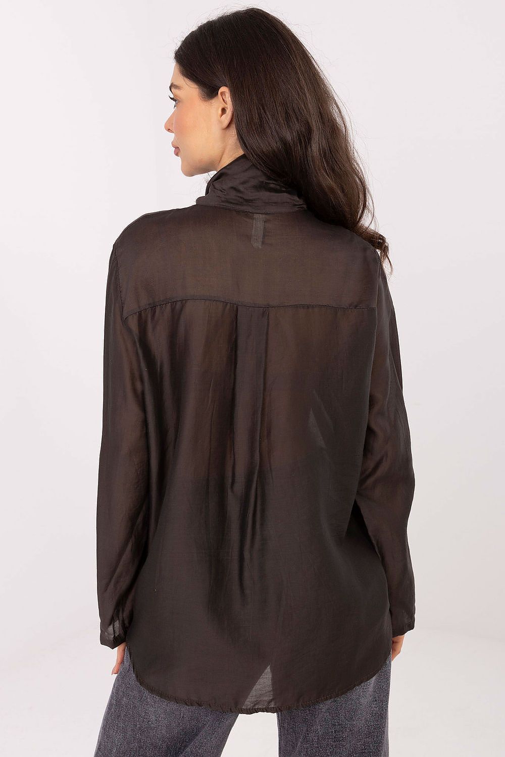 Elegant women's long sleeve shirt from Factory Price in soft Tencel-polyester blend, showcasing a tie neckline and standard length for sophisticated wear.