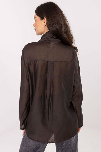 Elegant women's long sleeve shirt from Factory Price in soft Tencel-polyester blend, showcasing a tie neckline and standard length for sophisticated wear.