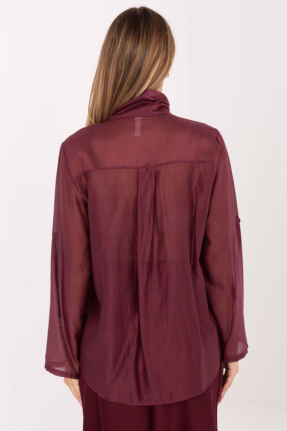 Close-up of the luxurious tie neckline detail on Factory Price's elegant women's shirt, made from premium Tencel-polyester blend for ultimate comfort.