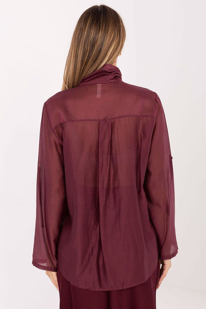 Close-up of the luxurious tie neckline detail on Factory Price's elegant women's shirt, made from premium Tencel-polyester blend for ultimate comfort.