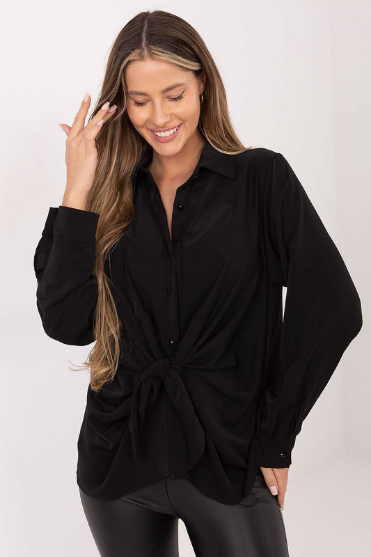 Elegant Women's Long Sleeve Polyester Shirt by Factory Price, showcasing a classic design with long puffy sleeves and decorative tying, perfect for formal and everyday wear, available in EU size 0.