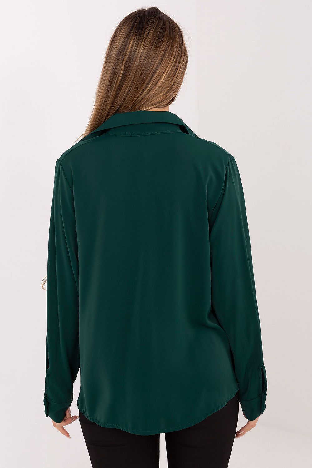 Back view of the elegant long sleeve polyester shirt by Factory Price, highlighting the classic cut and feminine puffed sleeves.