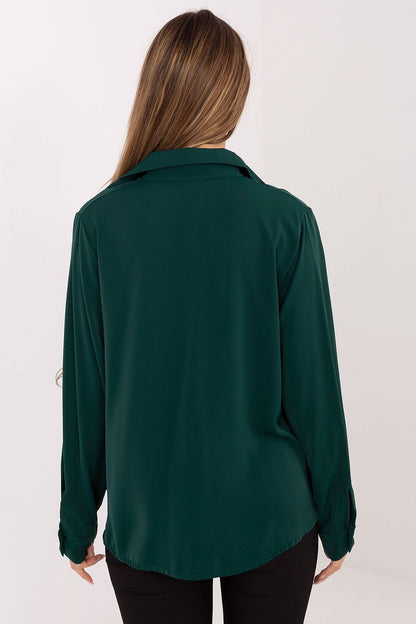 Back view of the elegant long sleeve polyester shirt by Factory Price, highlighting the classic cut and feminine puffed sleeves.
