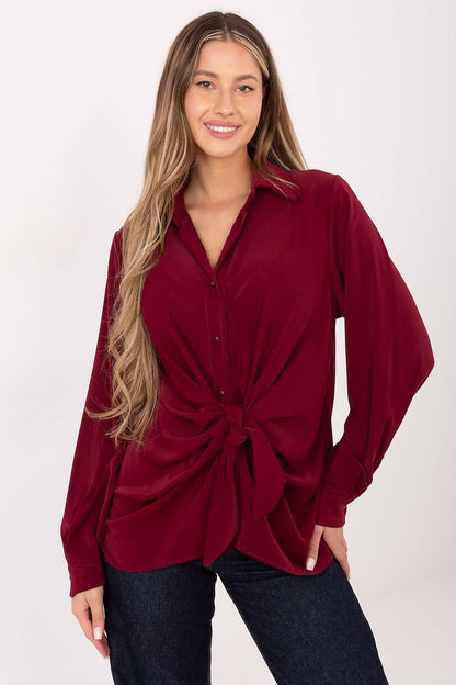 Elegant Women's Long Sleeve Polyester Shirt styled with elegant trousers, designed by Factory Price for stylish everyday and formal wear.