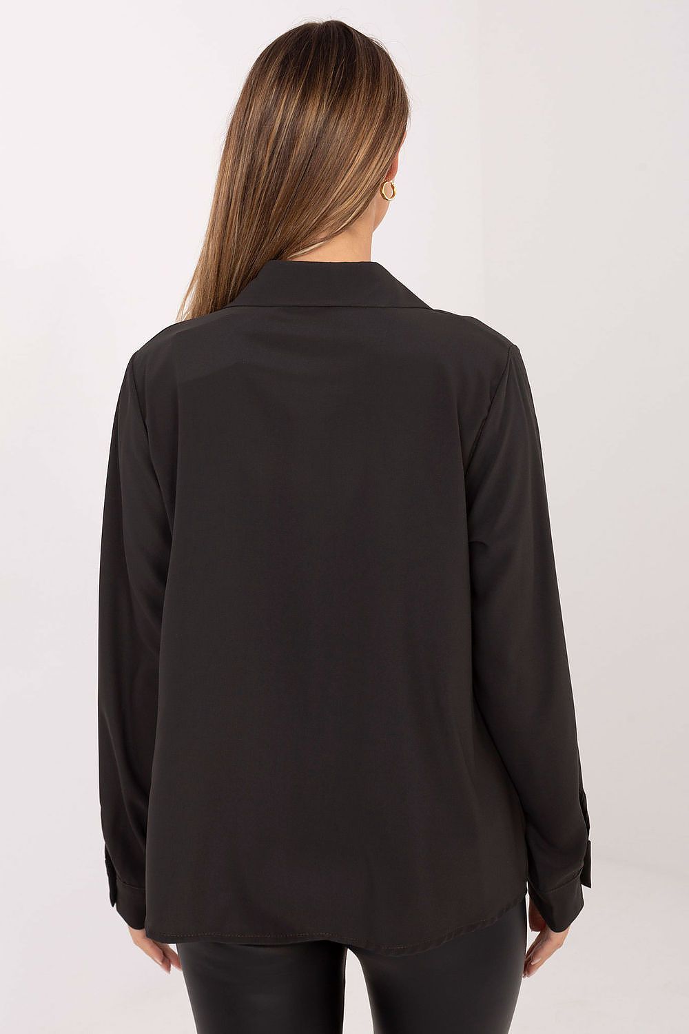 Close-up detail of Factory Price's classic women's polyester shirt, highlighting the feminine puffy sleeves and decorative tying.