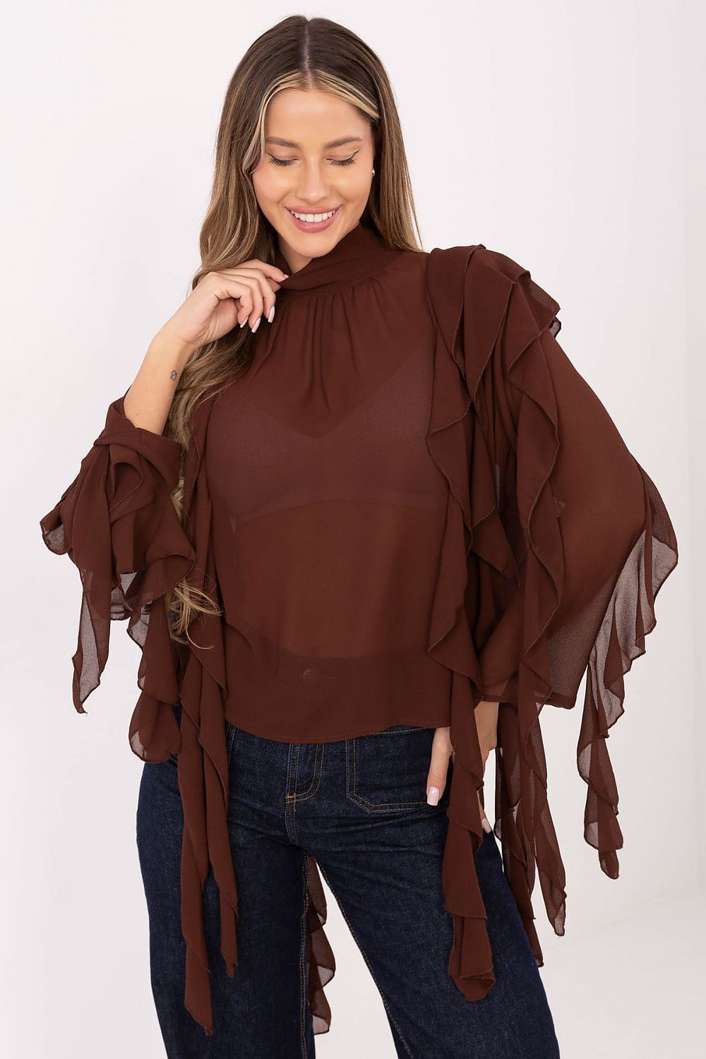 Charming full view of the Elegant Women's Turtleneck Blouse by Factory Price, designed to elevate everyday wear with its unique ruffles and tailored fit.