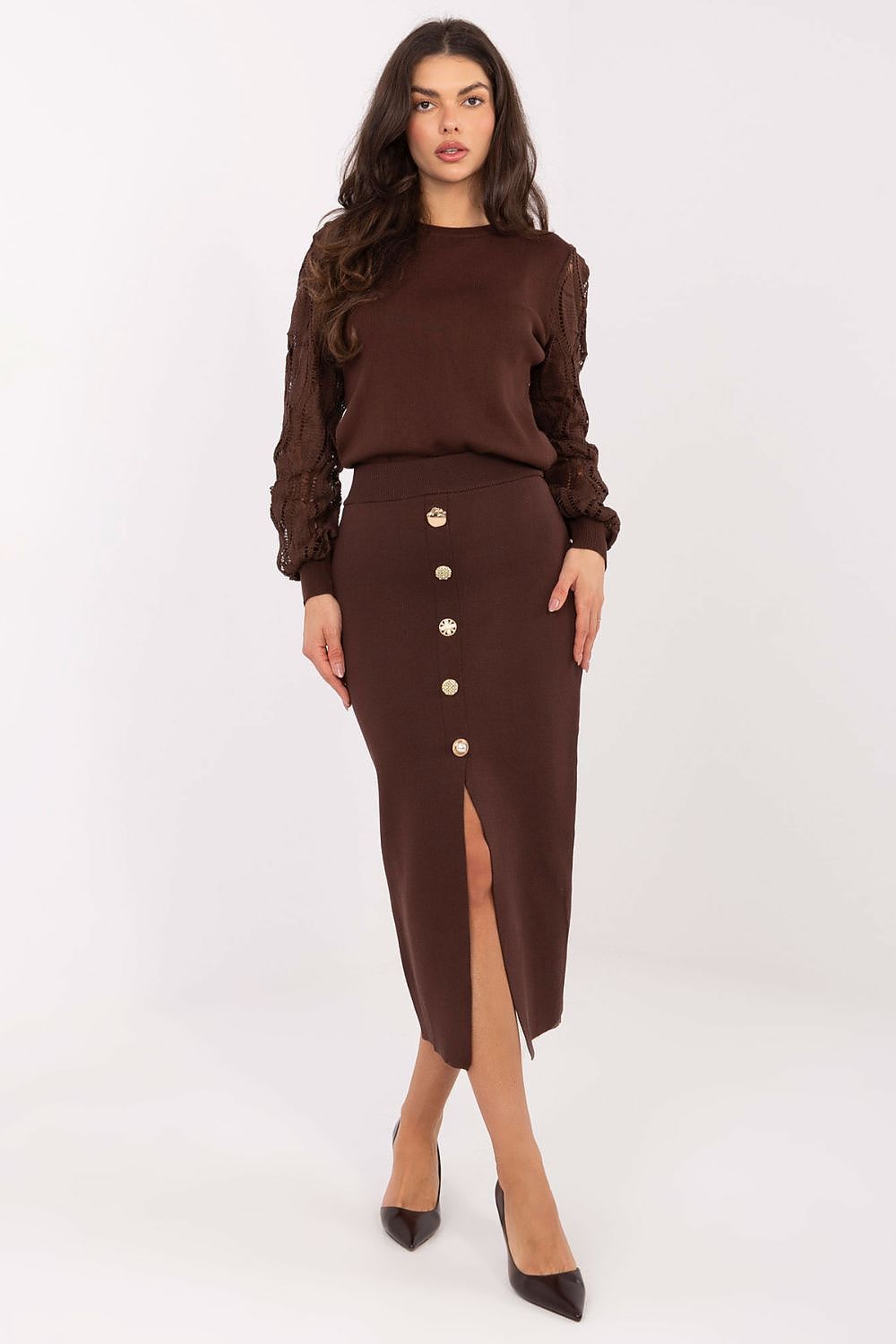 Model wearing elegant midi-length skirt by Factory Price, highlighting its luxurious fabric and classic style for versatile occasions.