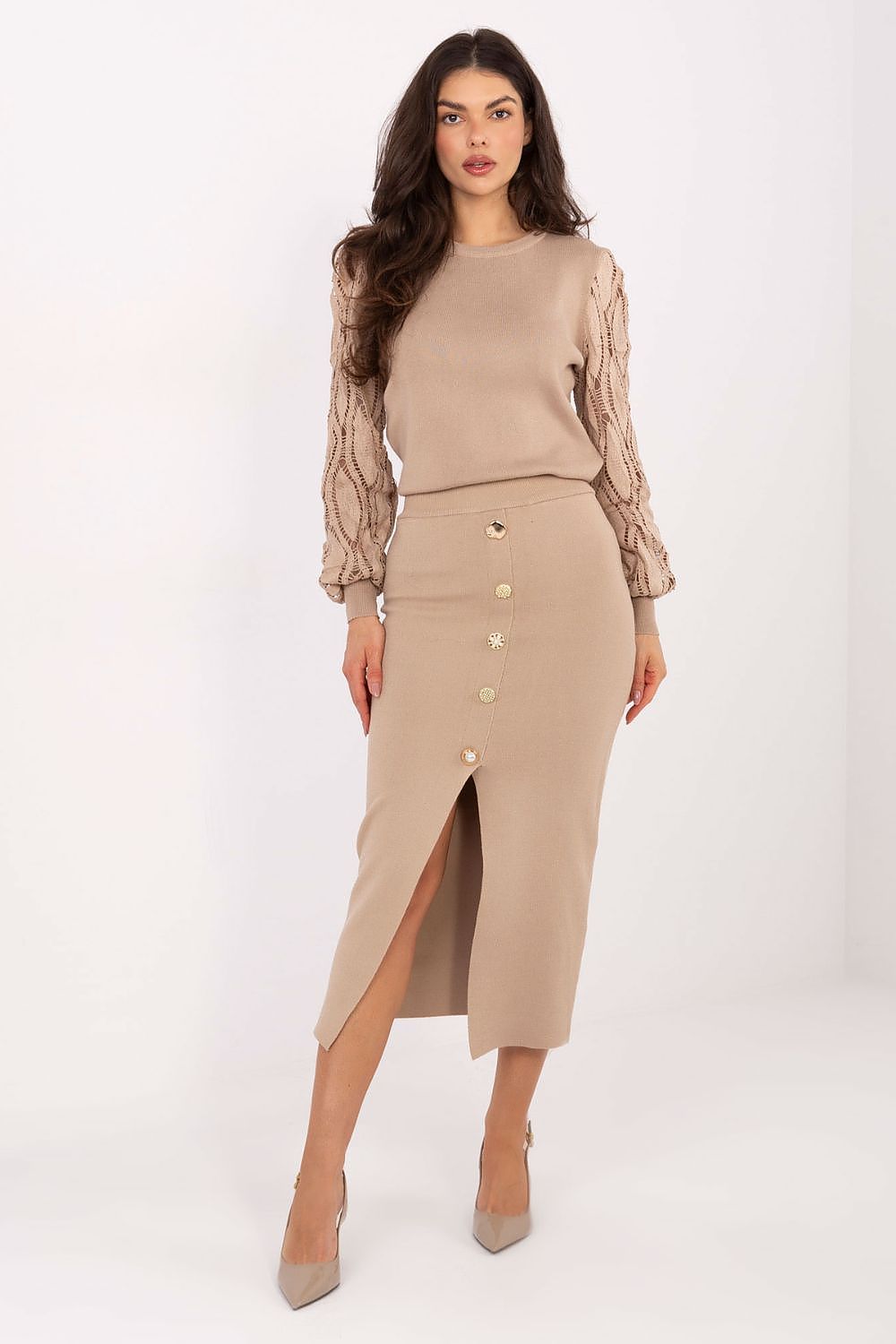 Close-up view of the decorative button details on a luxurious knitted skirt, showcasing the quality craftsmanship of Factory Price.