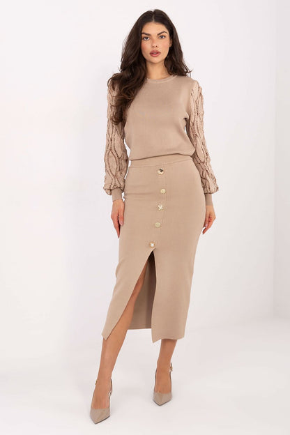 Close-up view of the decorative button details on a luxurious knitted skirt, showcasing the quality craftsmanship of Factory Price.