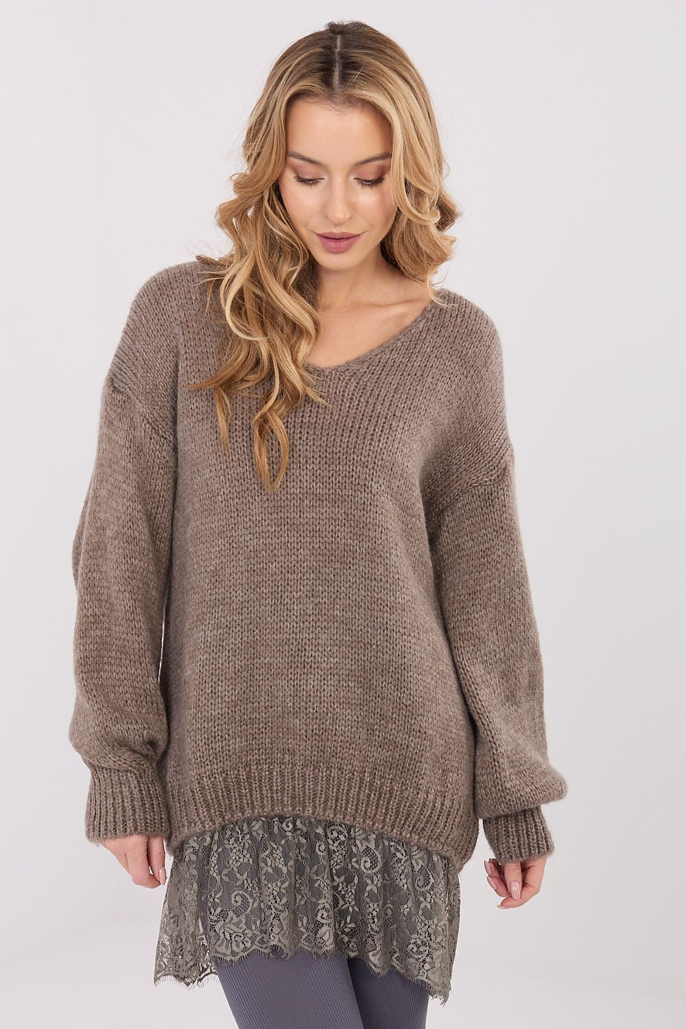 Luxurious women's V-neck sweater featuring romantic lace accents, designed by Factory Price for a chic everyday look.