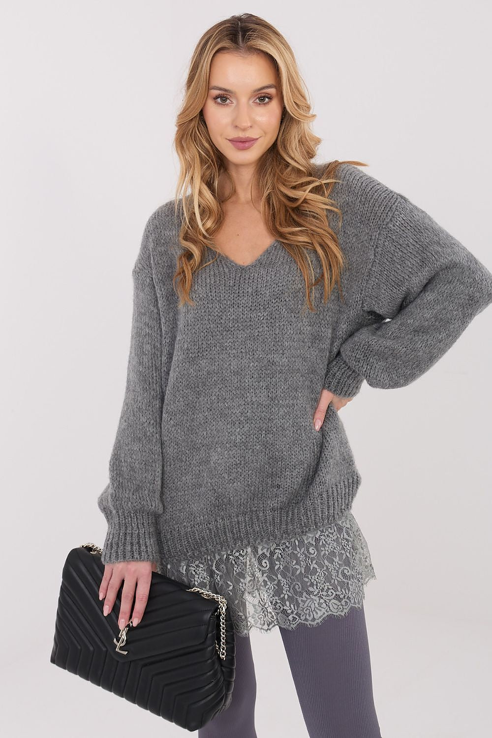 Elegant Women's V-Neck Sweater with Lace Detail by Factory Price, crafted from a soft acrylic-mohair blend, showcasing a romantic puffed sleeve design and subtle lace trim for sophisticated everyday wear.