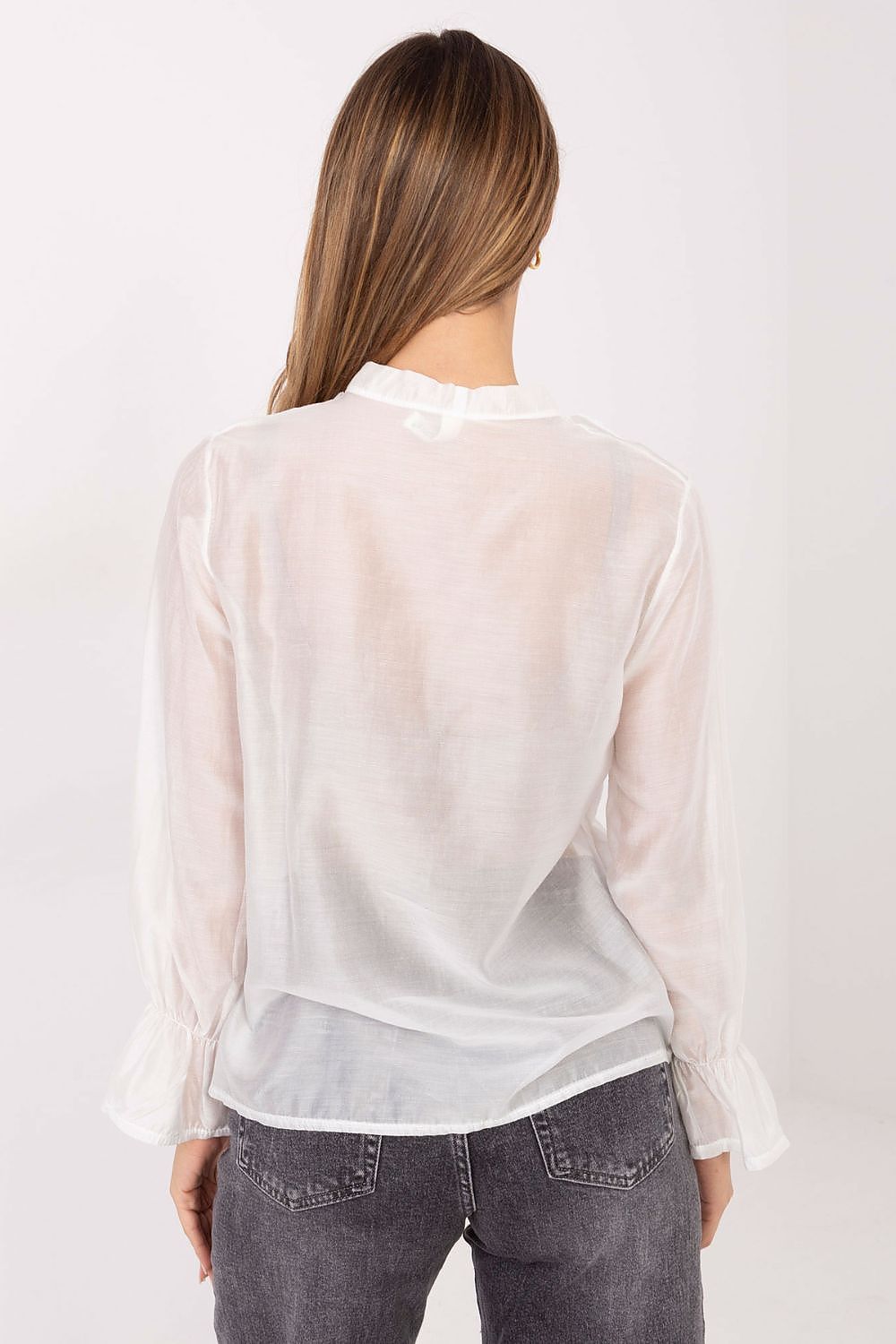 Stylish collarless women's shirt in EU size 0, featuring unique frill and ruffle details, available from Factory Price.