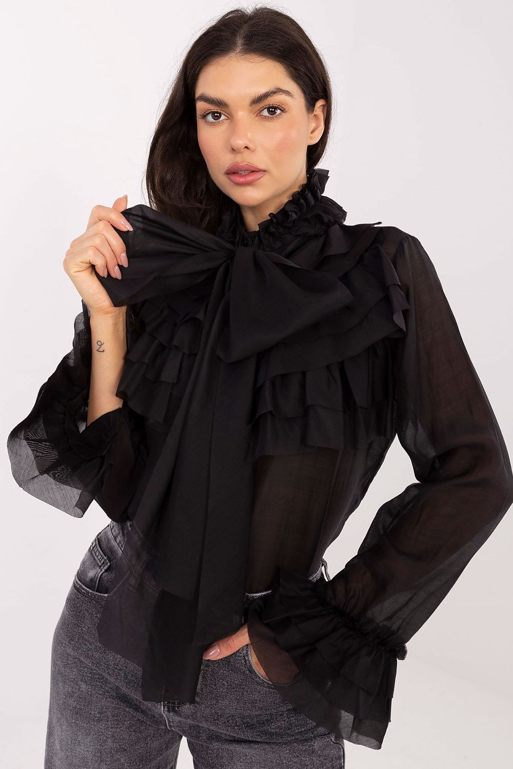 Stylish women's long sleeve shirt from Factory Price, highlighting the exquisite stand-up collar and the delicate flounce detail that enhances femininity.