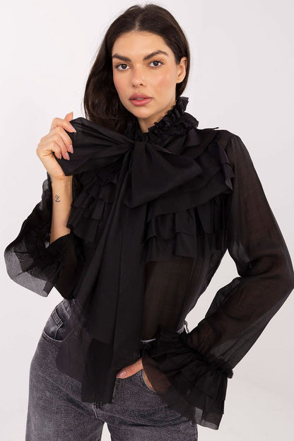Stylish women's long sleeve shirt from Factory Price, highlighting the exquisite stand-up collar and the delicate flounce detail that enhances femininity.